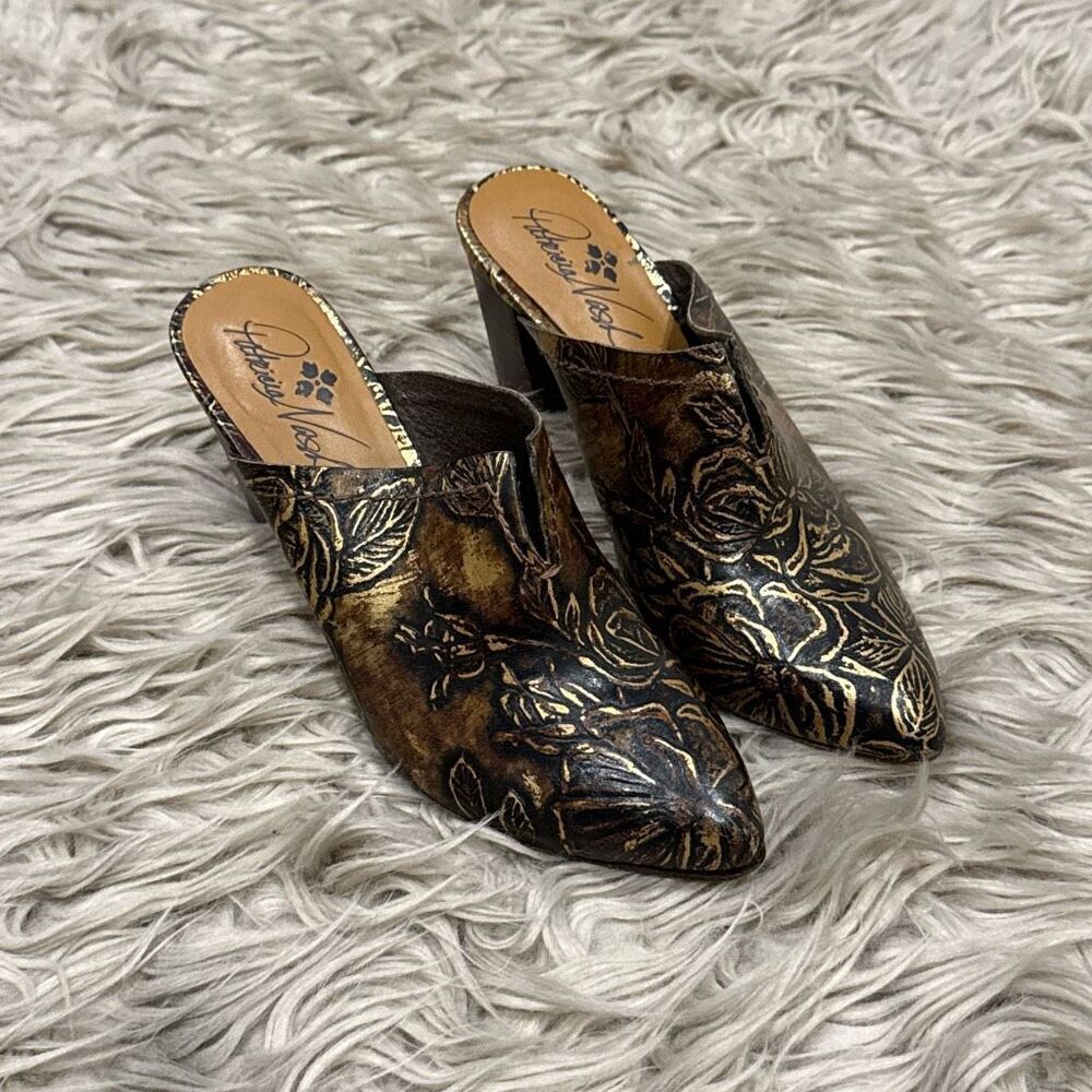 Patricia Nash Black and Gold Floral Mules